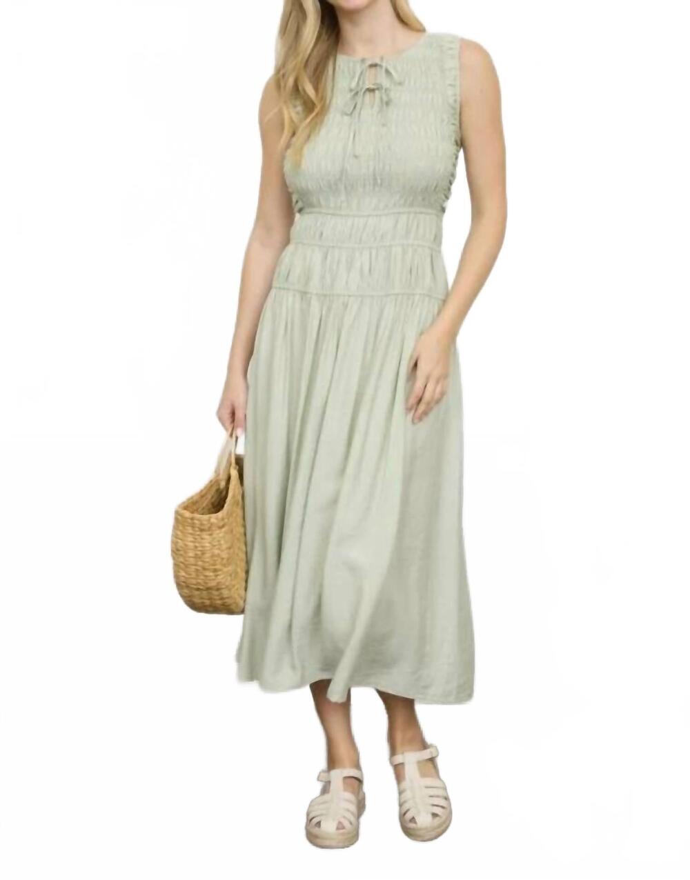 NEW MINE AND E&M front tie smocked sleeveless shirred midi dress in sage
